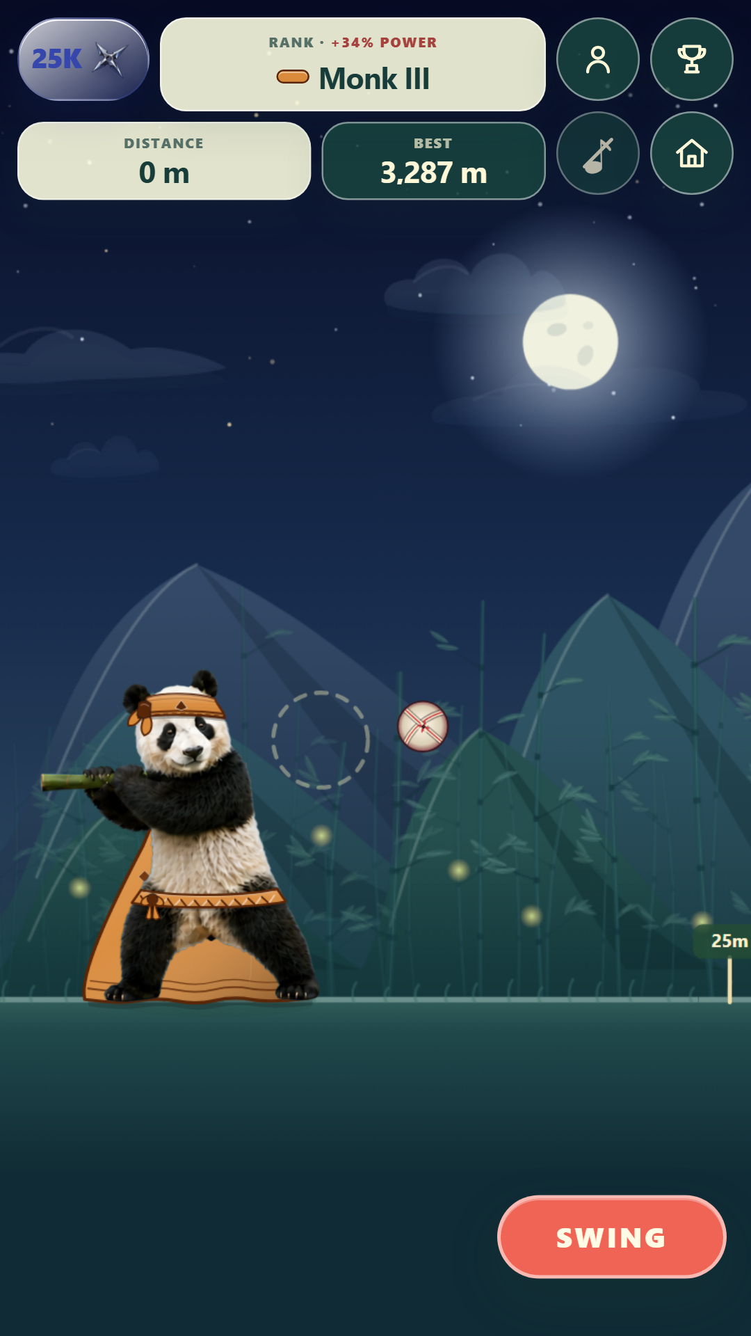 The panda swings at the red ball in a night landscape